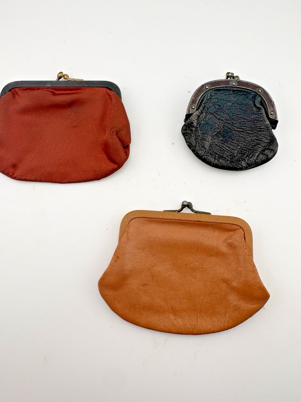Three Vintage Satin and Leather Kiss Lock Coin Purses Metal Snap Closures